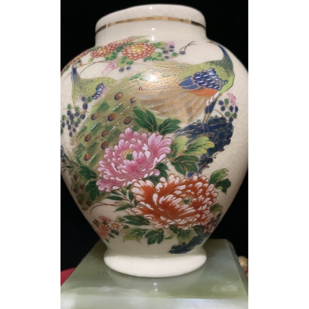 Vintage Japanese Satsuma Peacock Vase Crackle Glaze Floral Peony Made in Japan